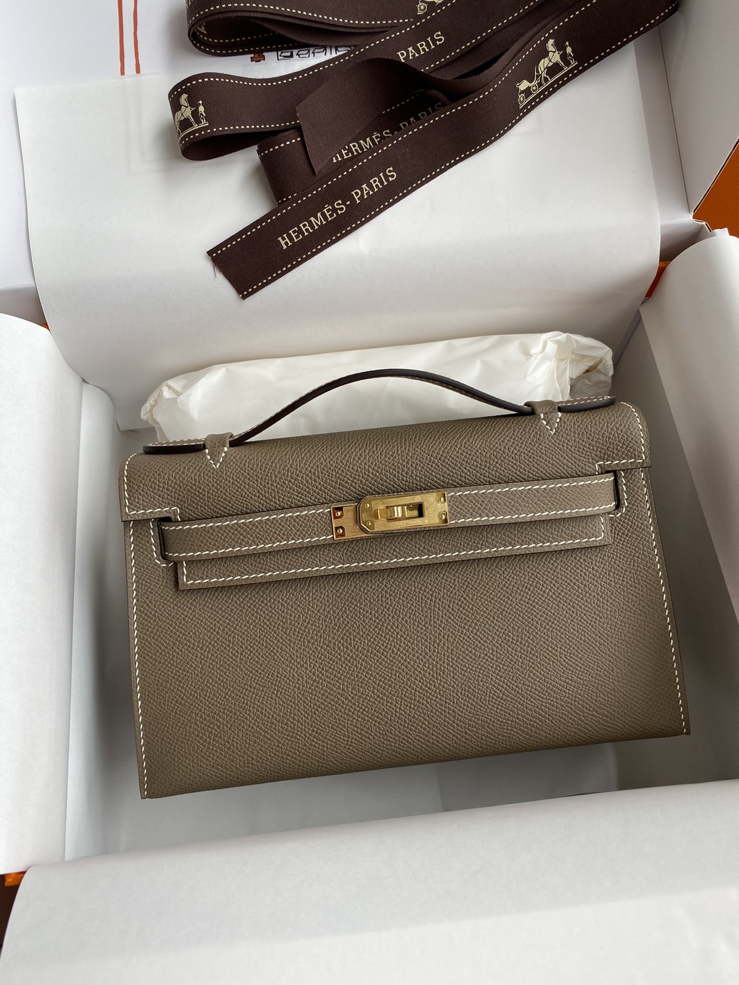 Hermes Mini Kelly Pochette 22cm Bag In Etoupe Epsom Leather